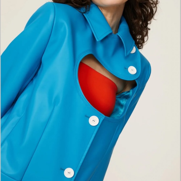 Nina Ricci Asymmetric Cutout Faux Leather Button Front Collared Blazer Blue 34 - Picture 2 of 14